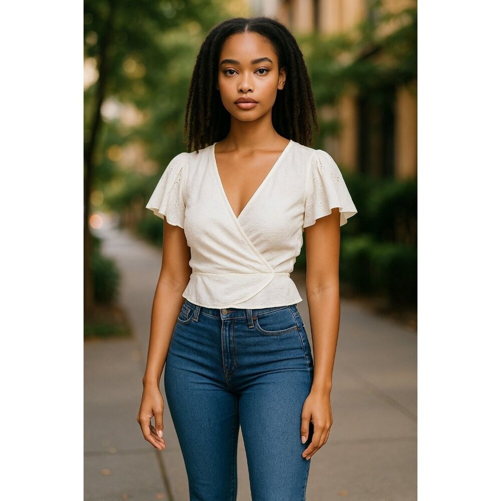 NEW White Peplum Eyelet Ruffle Sleeve Wrap Crop Top By Urban Romantics Size XL